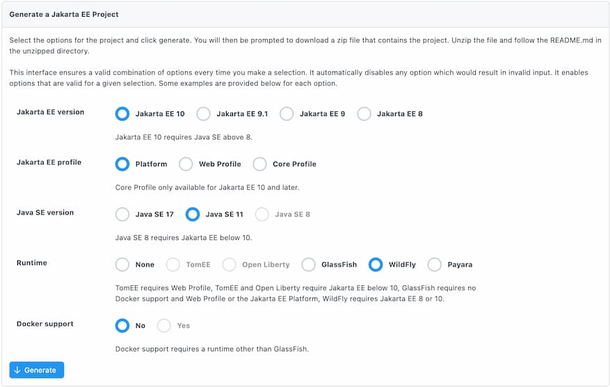 A screenshot of the Eclipse Starter for jakarta EE form with fields selected